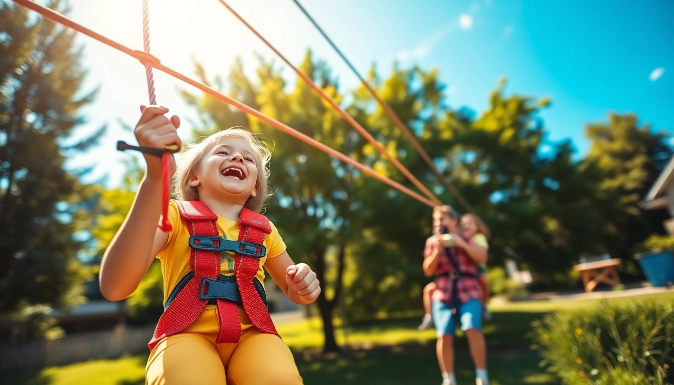 Family joyfully using a ZIP WIRE KIT in a sunny backyard, capturing adventure and excitement.