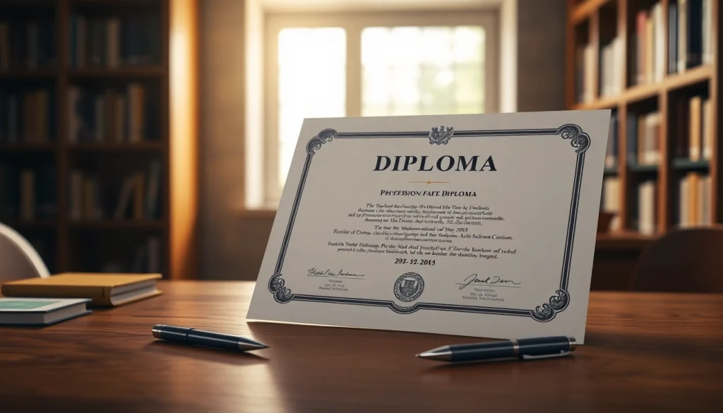 Current image: Buy a fake diploma with realistic details displayed elegantly on a wooden desk.