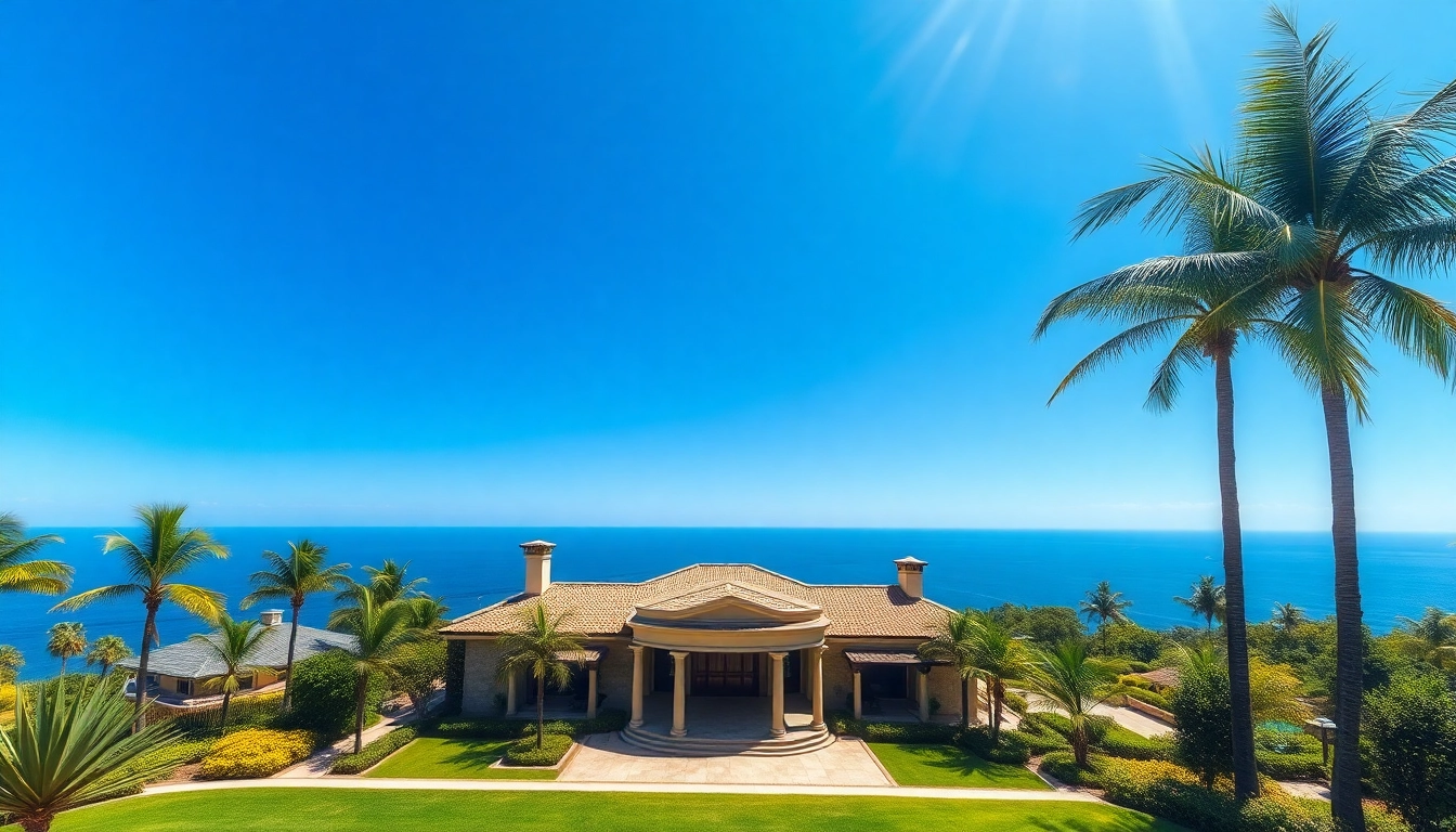 Discover a luxury villa representing international real estate with ocean views and lush gardens.