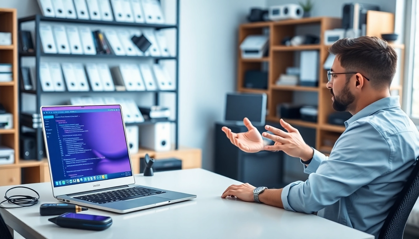 Providing expert computer help in a professional workspace, showcasing a technician assisting with laptop issues.