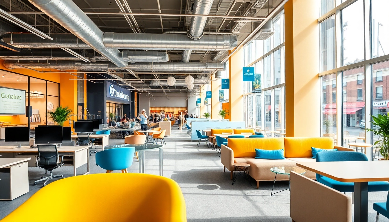 Location de bureaux et commerces modernes dans un cadre urbain dynamique avec un mobilier élégant.