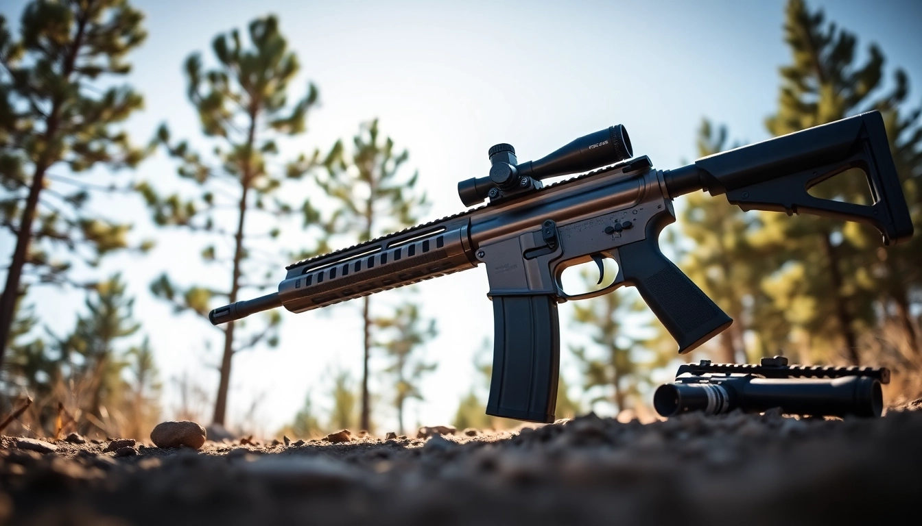 Showcasing a robust carbine in a natural outdoor setting, highlighting its design and features.