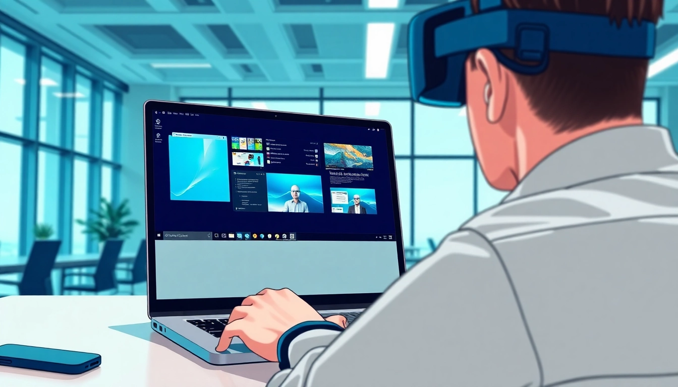 Engaging virtual desktop setup showing a person interacting with multiple screens in a modern office.