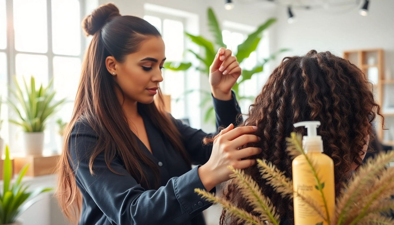 Stylist applying natural hair products to enhance hair texture and shine in a bright salon.