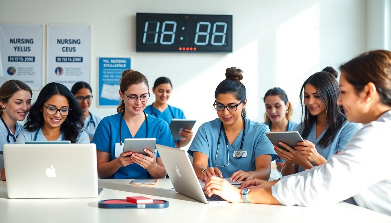 Engaged nurses participating in online nursing CEUs, showcasing diversity and professionalism.