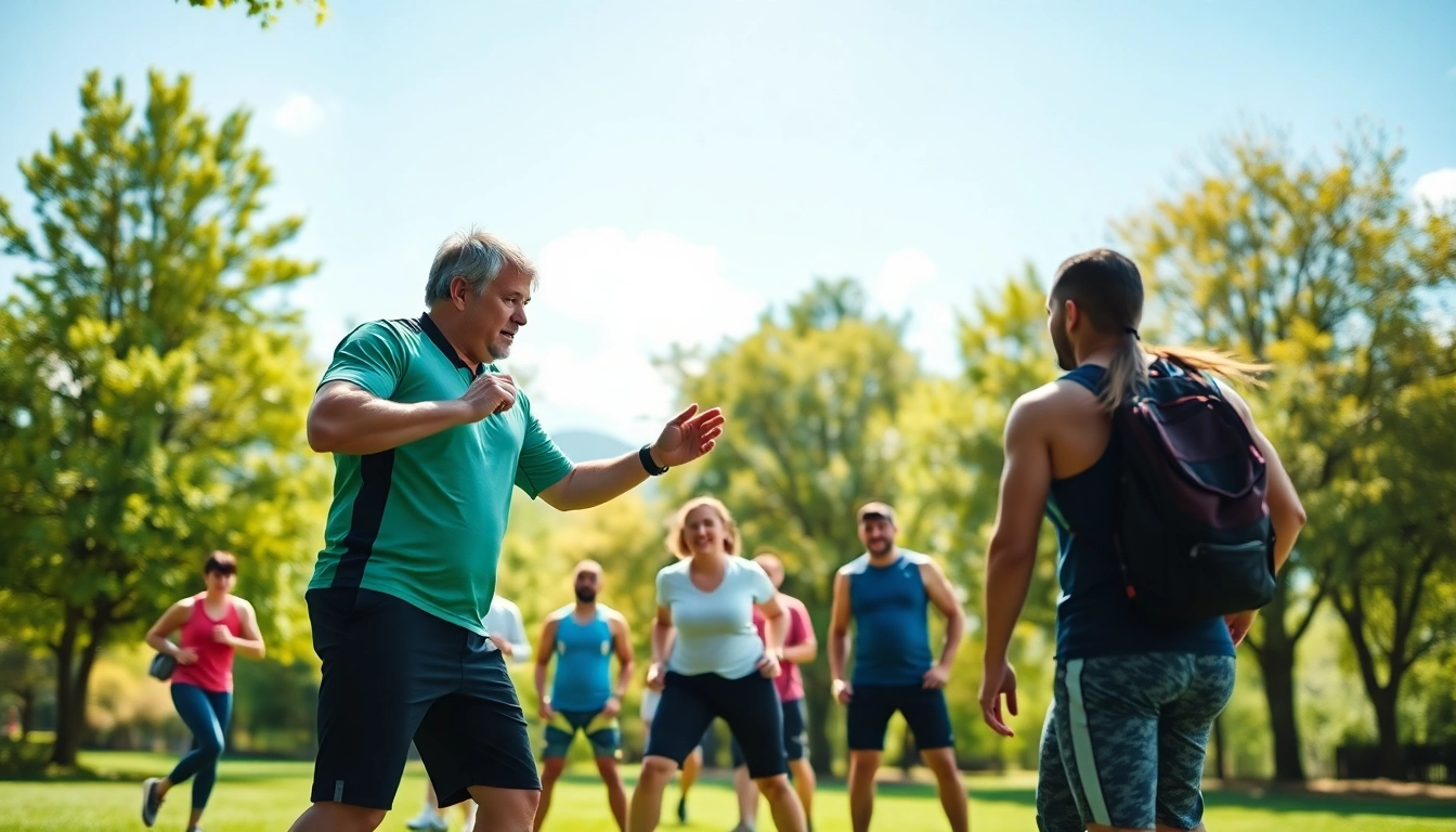 Personal trainer leading an outdoor fitness session with clients in a vibrant park setting.