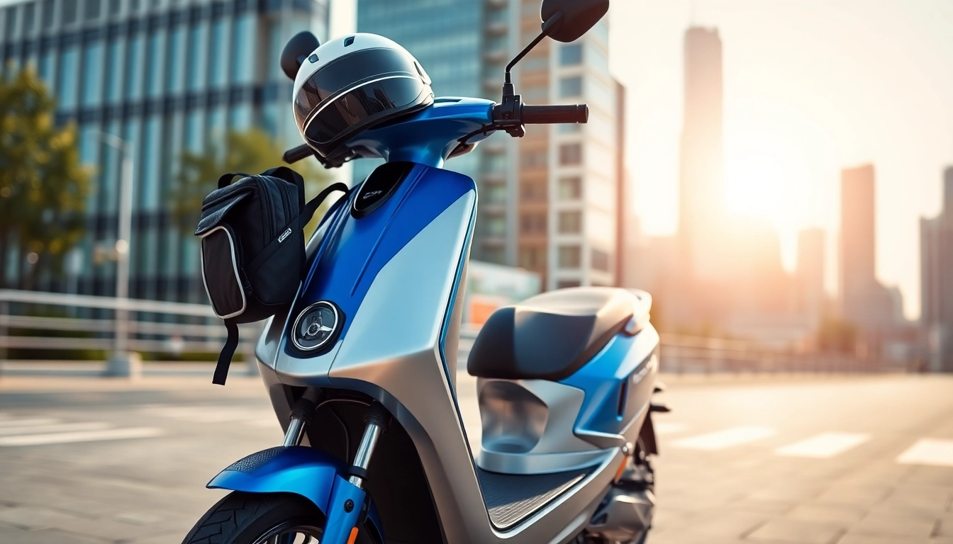 Riding an electric scooter through a vibrant city setting with urban skyline in view.