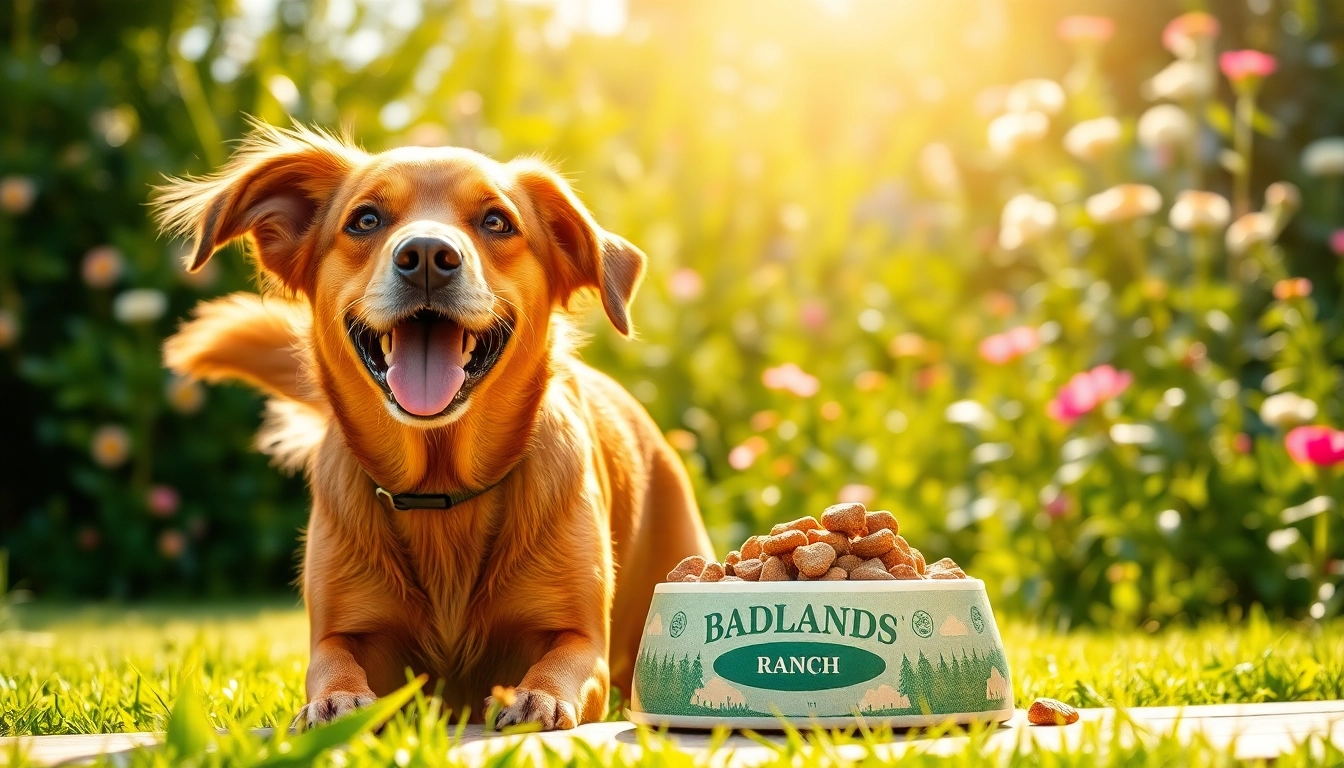 Dog enjoying Badlands Ranch dog food in a sunny garden, showcasing health and vitality.
