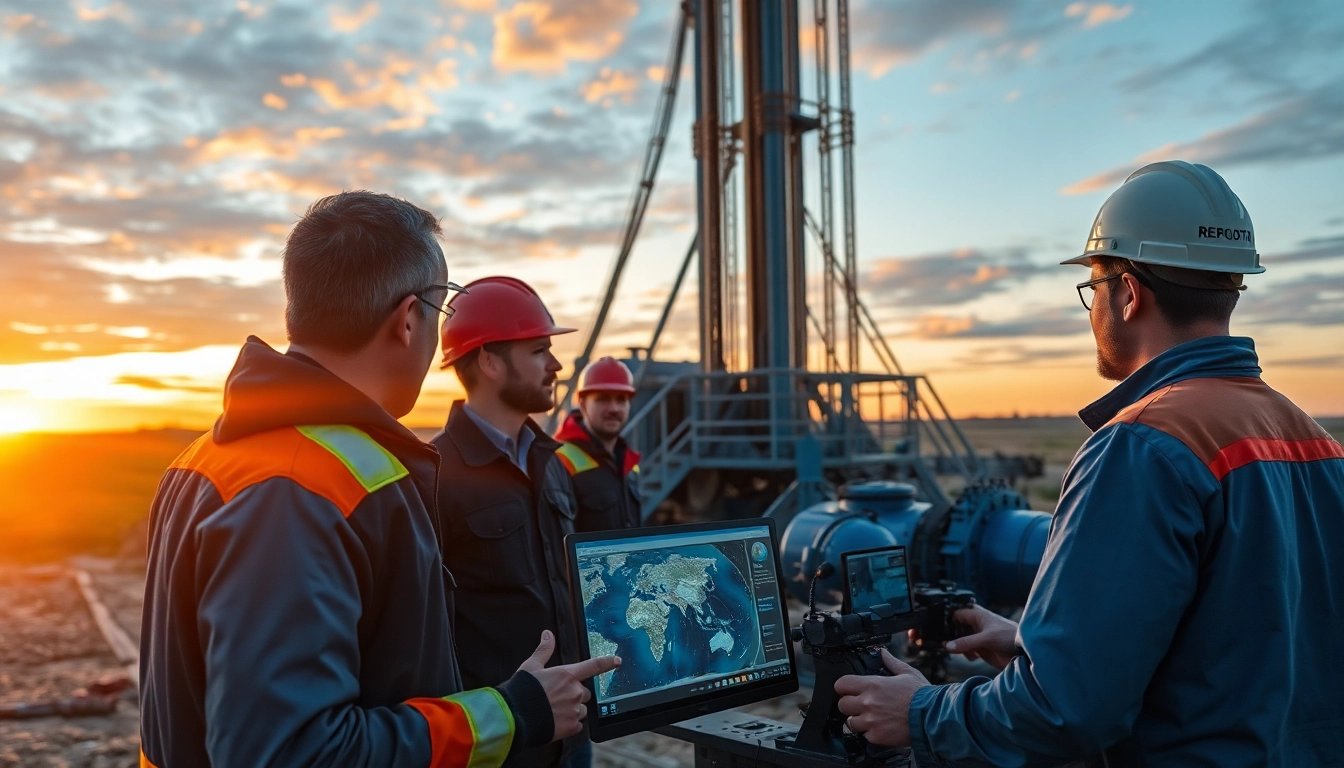 Analyze geosteering operations at www.geosteeringvision.com with engineers collaborating in a drilling site setting.