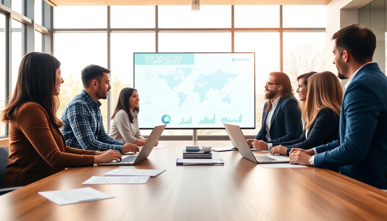 Team collaboration on global sales tax compliance strategies in a modern office