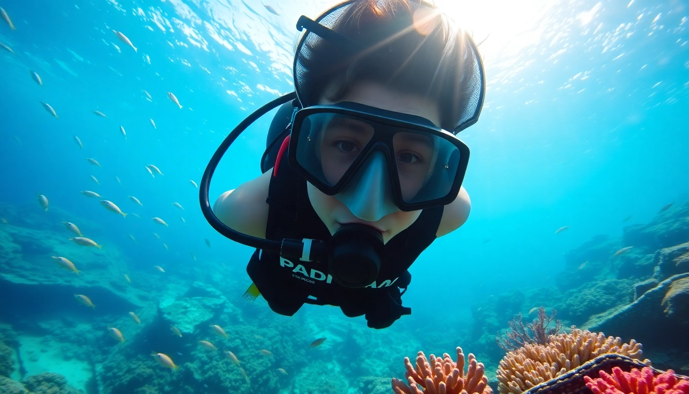 Experience Padi Diving with a diver exploring vibrant coral reefs underwater.