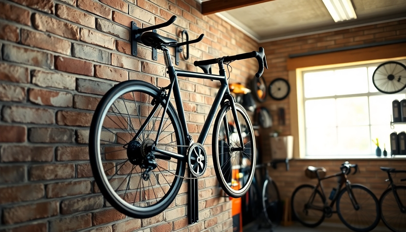 Bicycle wall hanger displaying a bike elegantly in a modern garage setting.