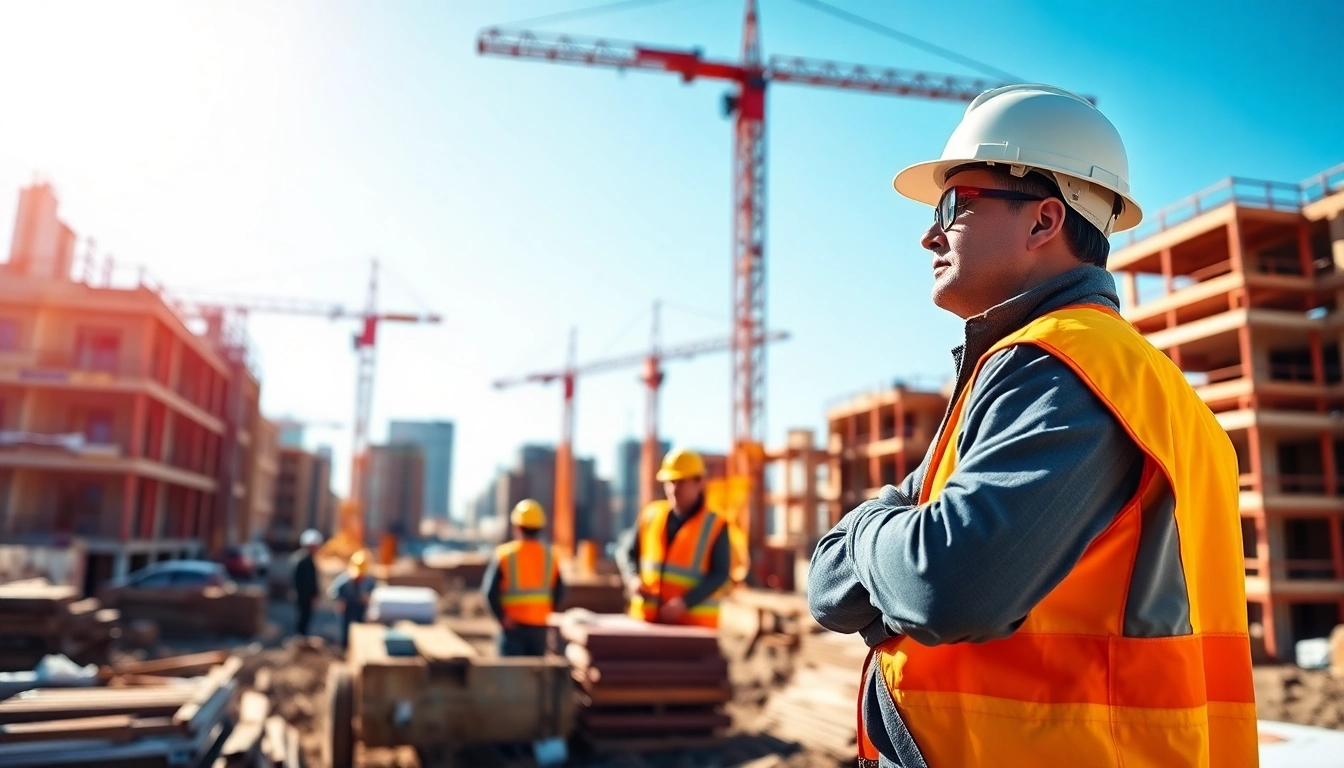 New York Construction Manager overseeing a dynamic construction site with cranes and teams at work.