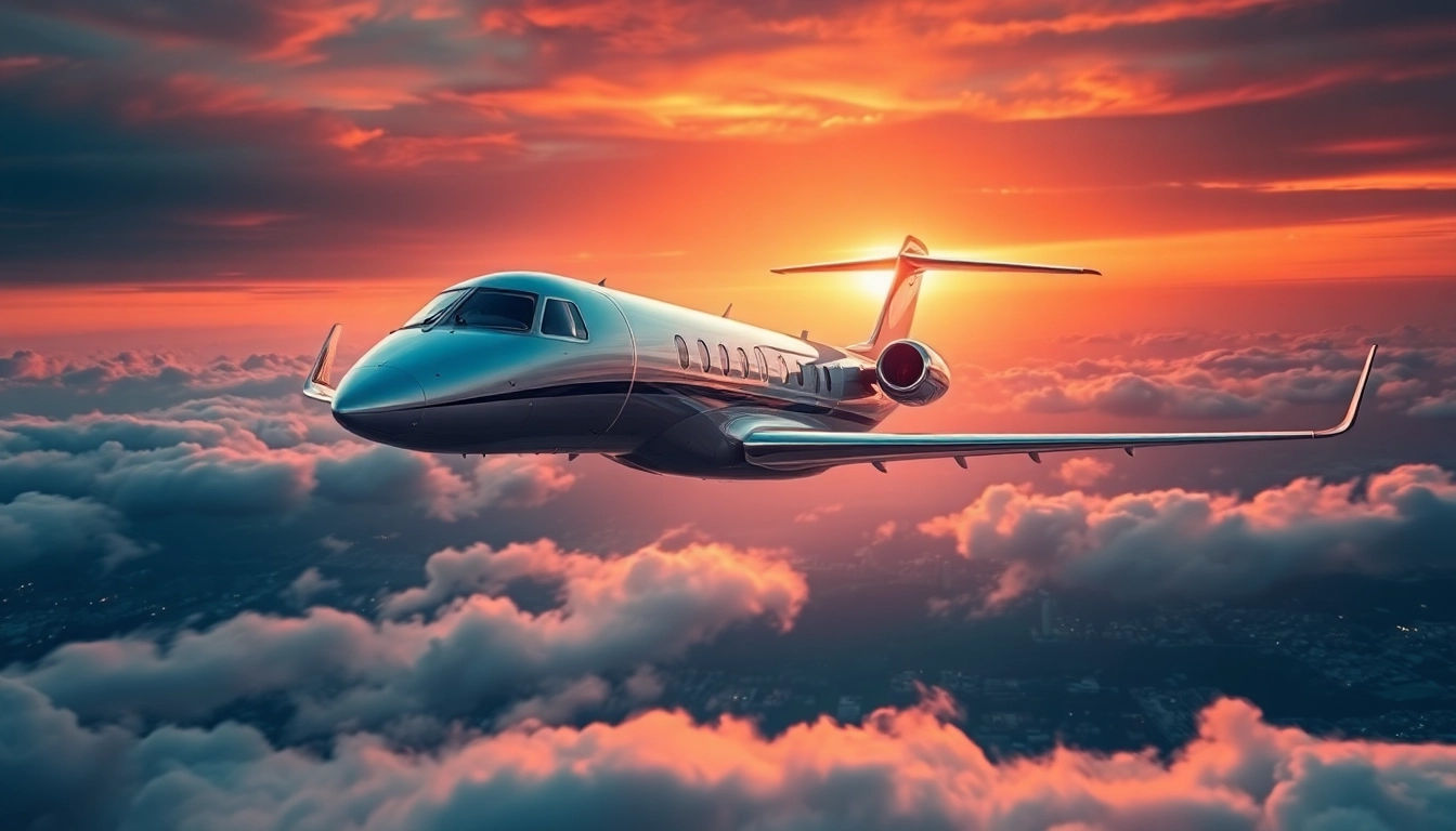Experience luxury with Private Jet Charter Los Angeles flying over a stunning city skyline.
