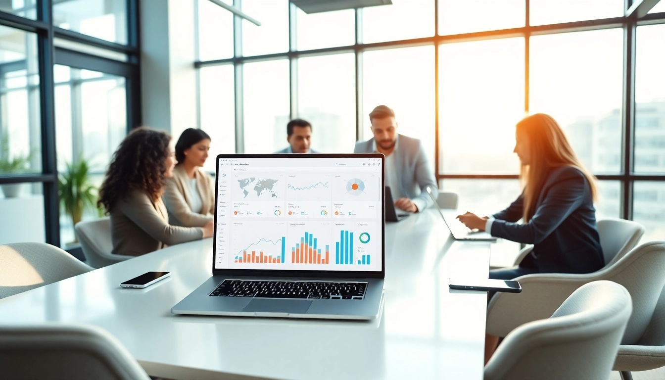 Showcase of all in one business software dashboard in a collaborative professional environment.