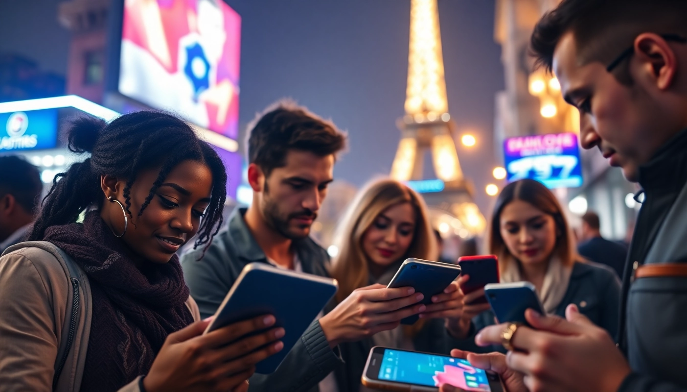 Découvrez des parieurs passionnés sur un nouveau site de paris sportif à Paris, utilisant leurs appareils numériques.