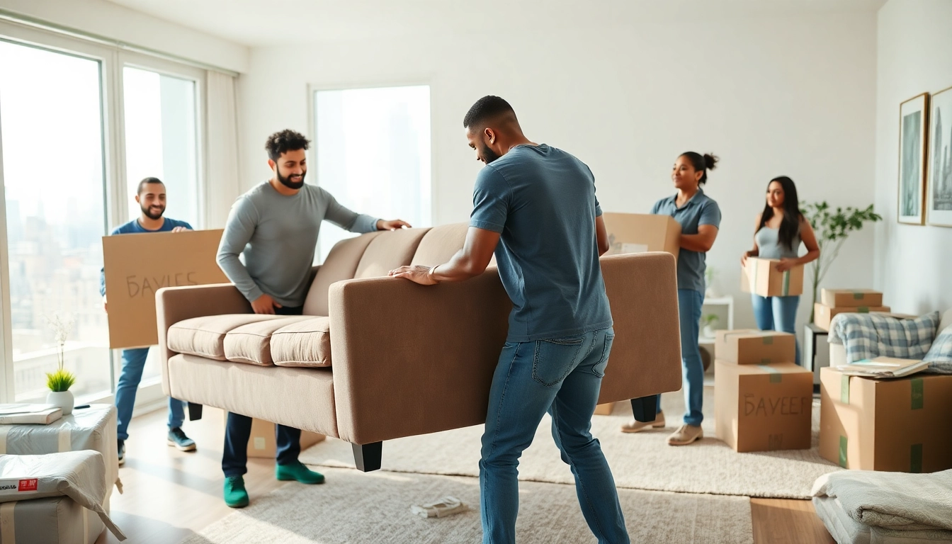 Movers assisting with a sofa during relocation, showcasing the Best movers nyc professionalism and efficiency.