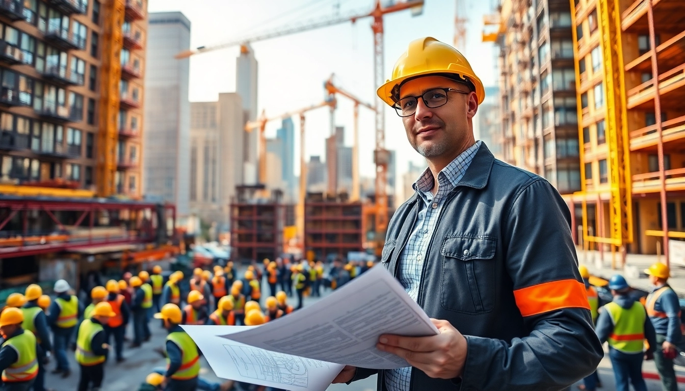 New York City Construction Manager overseeing a vibrant construction site with workers and machinery.
