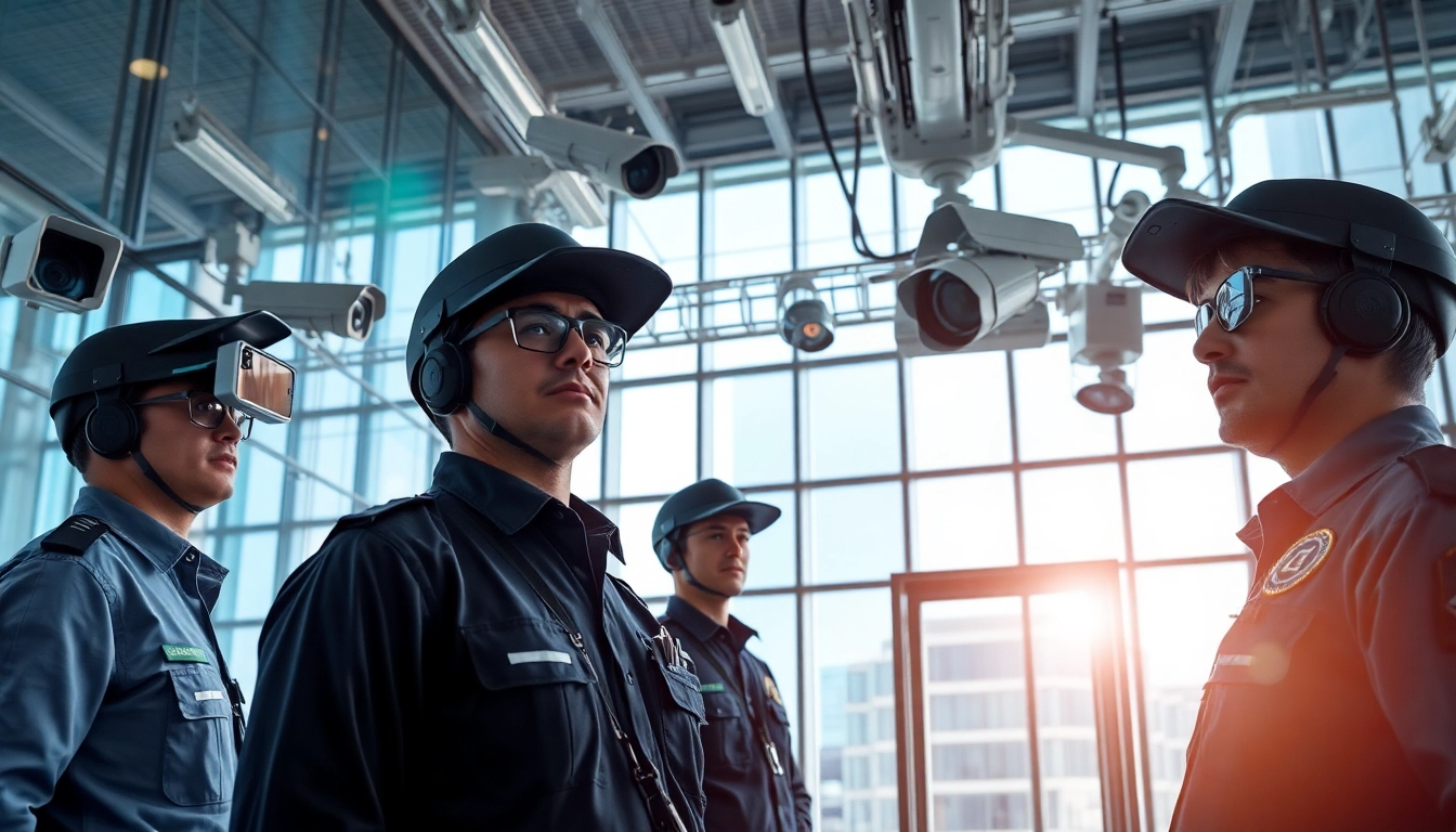 Illustration of effective Physical Security measures showcasing personnel and surveillance technology.