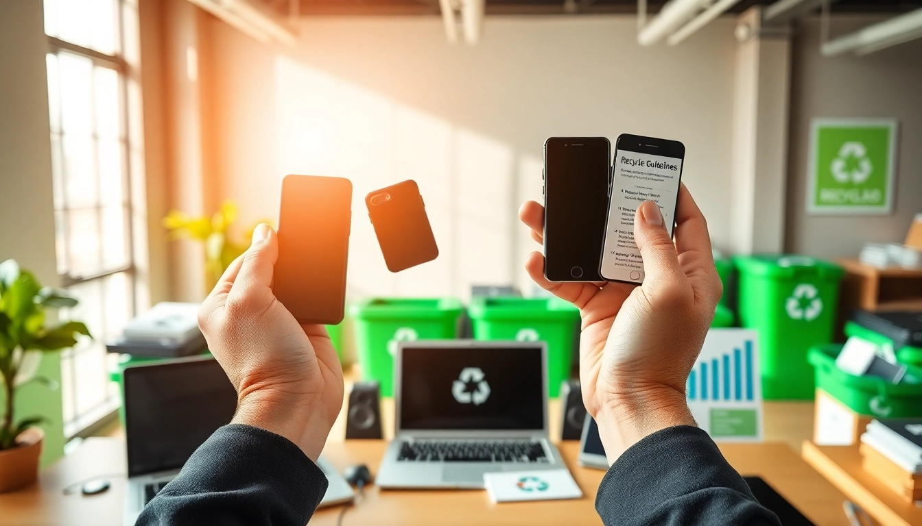 Sell your old devices for cash, featuring hands holding various old mobiles amidst a tech workspace.