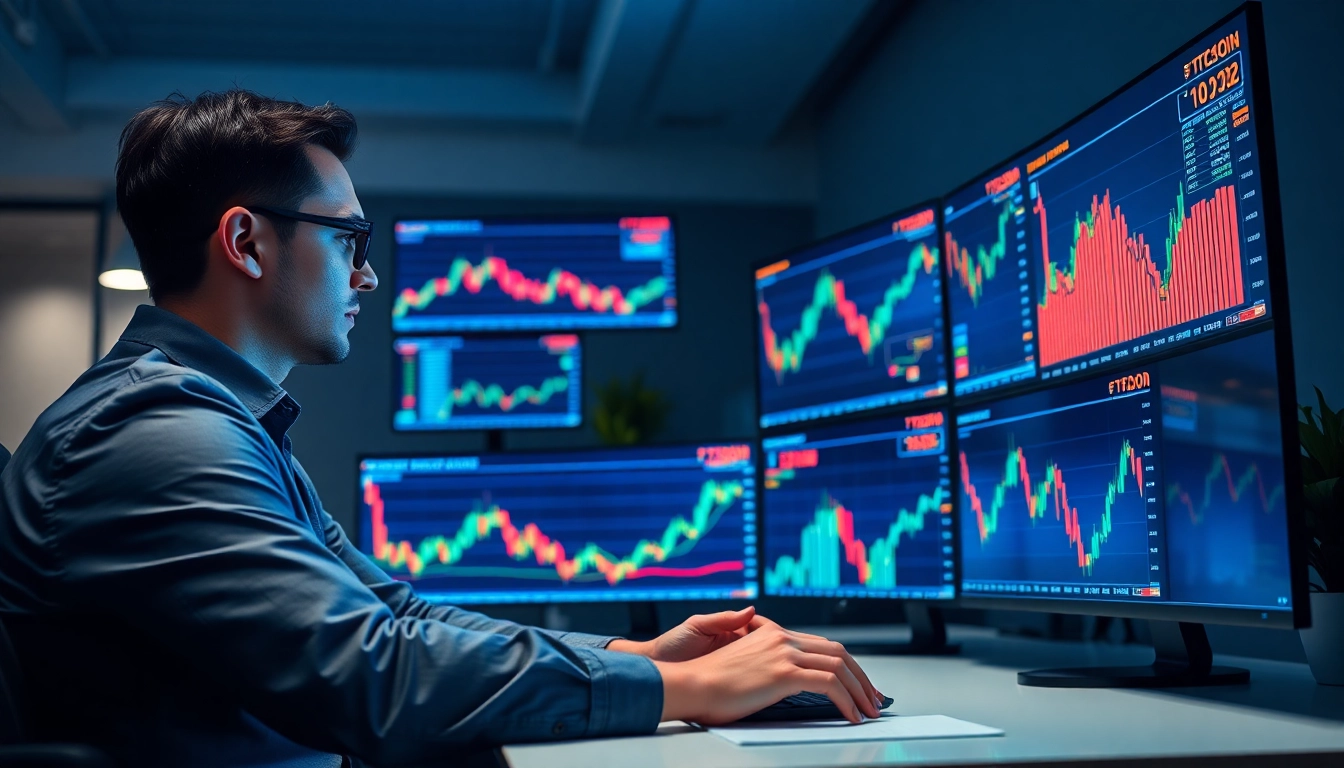 Check real-time btc live price trends with financial analyst monitoring data in an office.