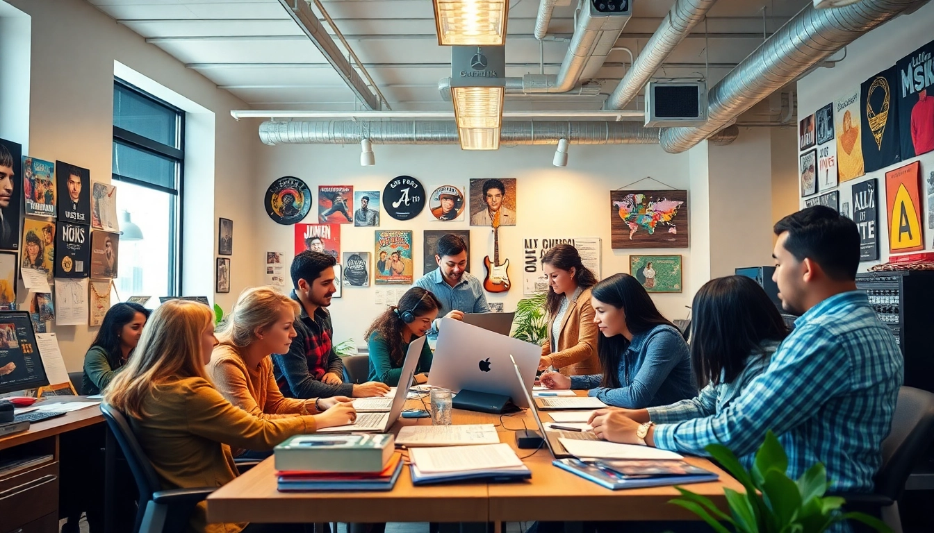 Engaging scene of Best Music PR Agencies team collaborating creatively in a vibrant office.