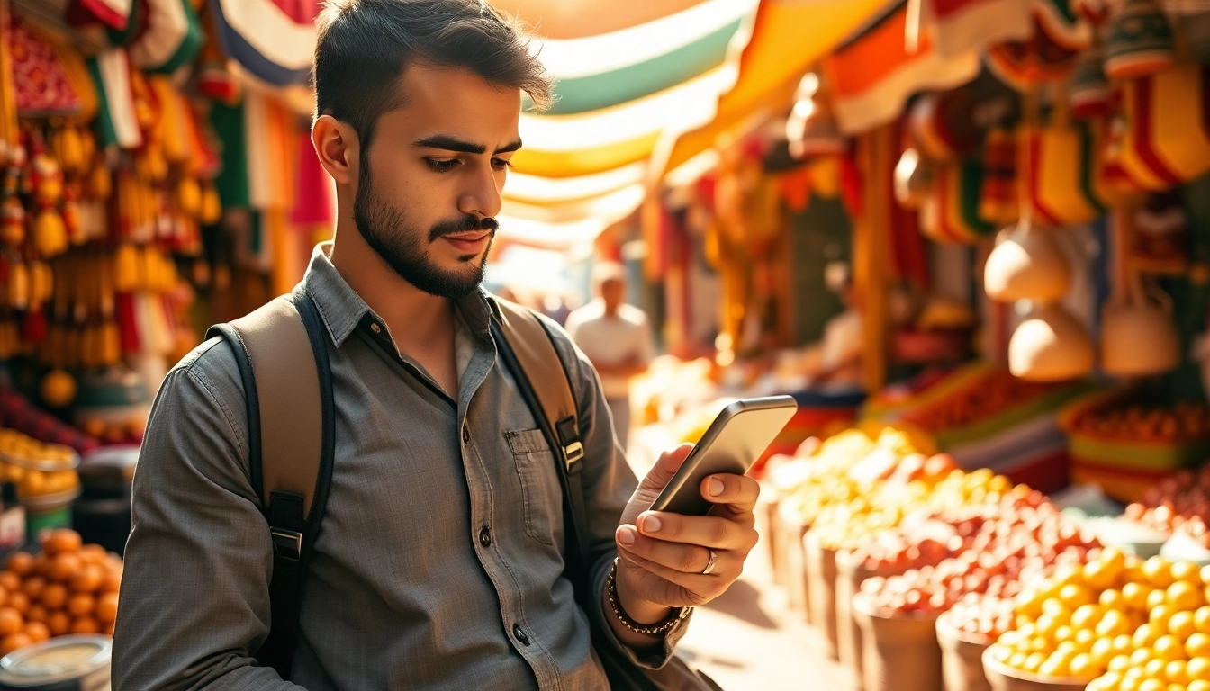Accessing Egypt esim seamlessly in a vibrant market, showcasing travel and connectivity.