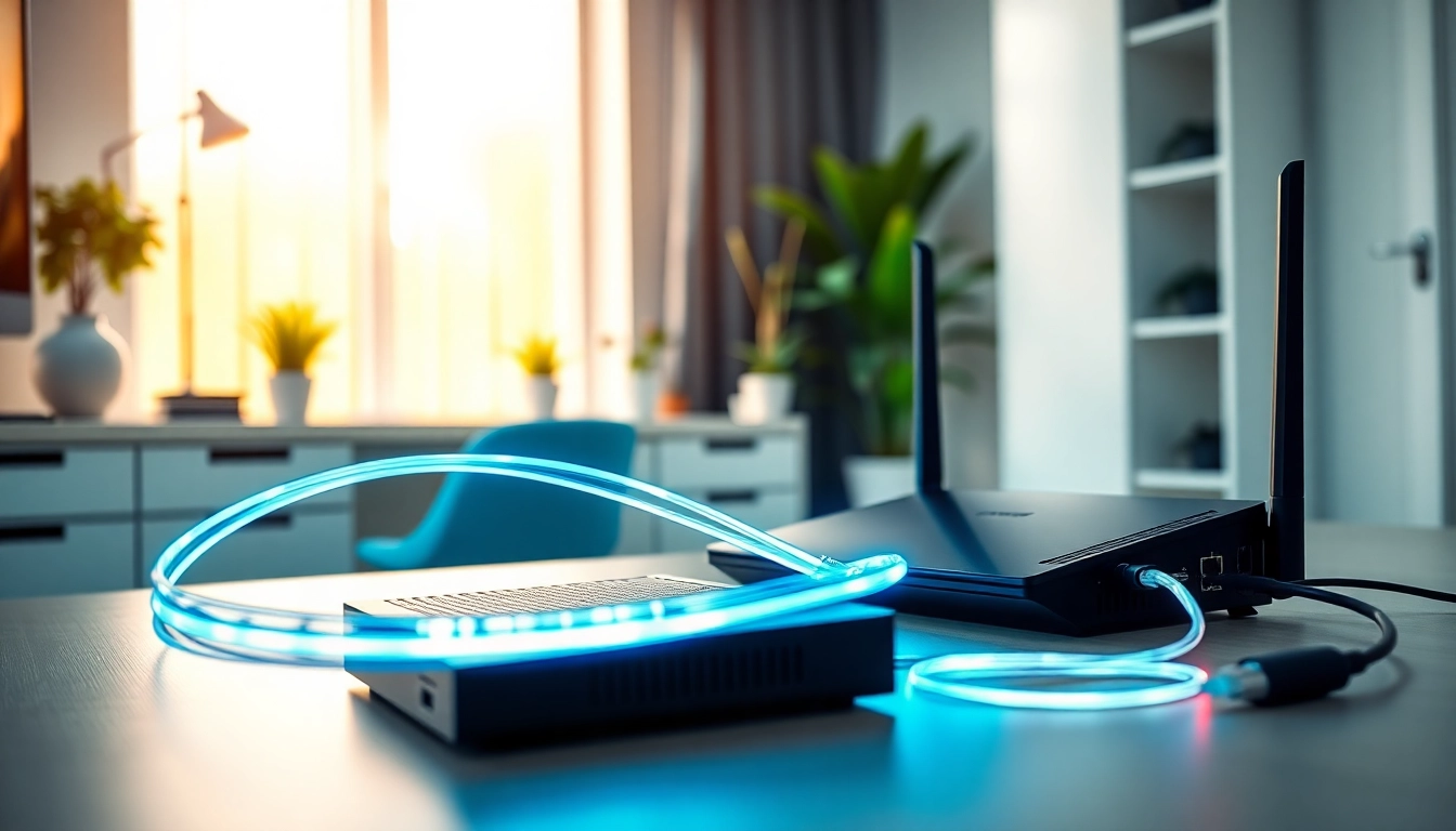 Sonic fiber reviews highlight a modern home office setup with fiber optic internet gear.