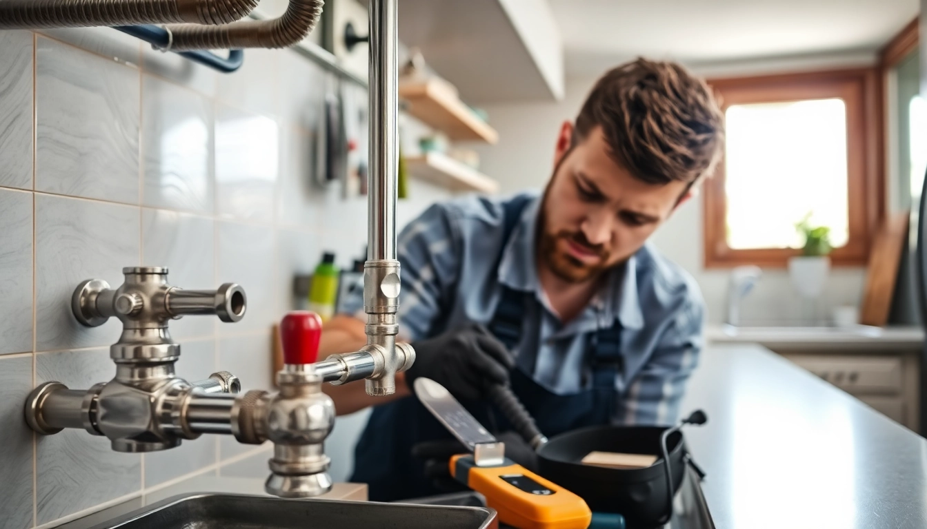 Experienced plumber waking forest repairing pipes in a modern kitchen environment.