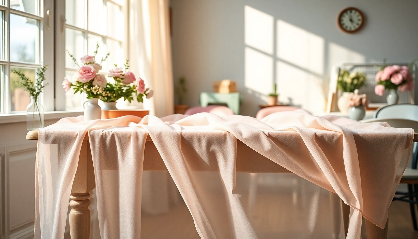 Mousseline stof elegant gepresenteerd op een vintage tafel met zachte pastelkleuren