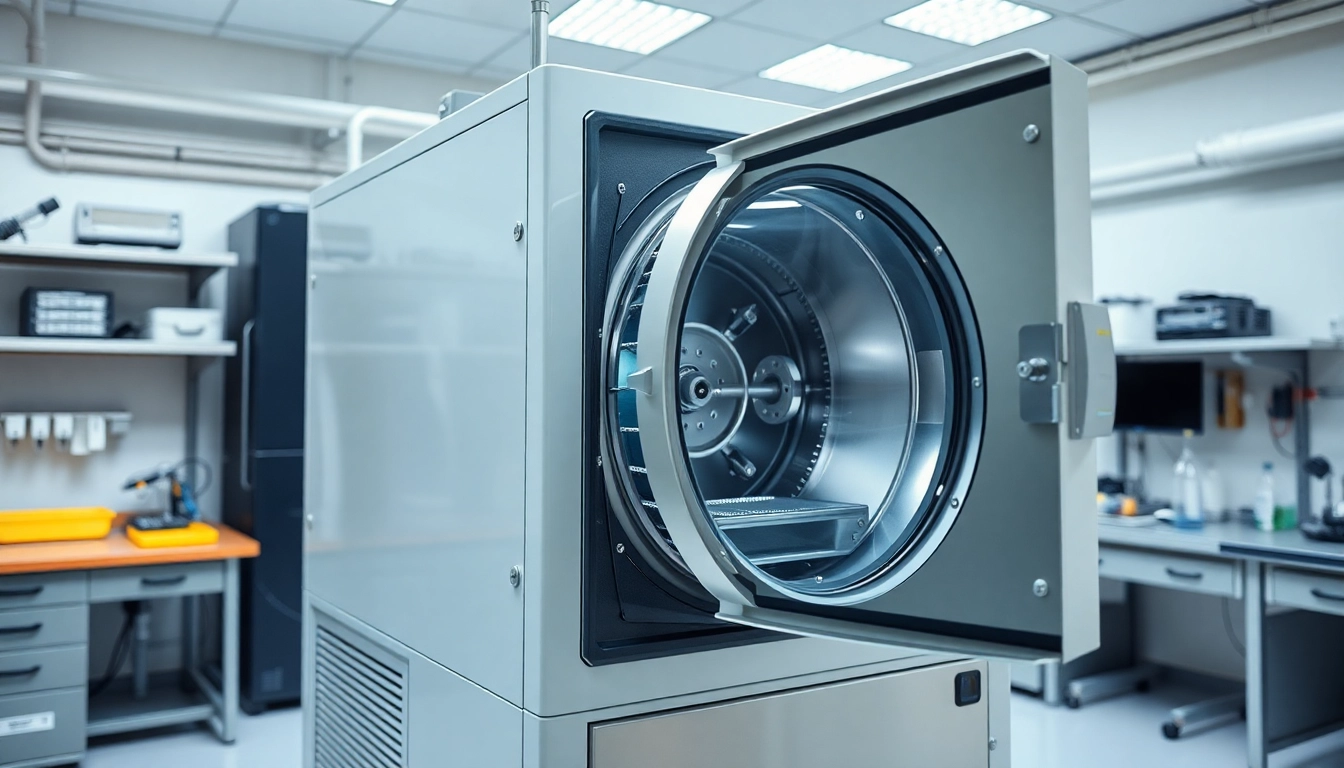 Operate an industrial freeze dryer in a pristine laboratory with advanced technological features.