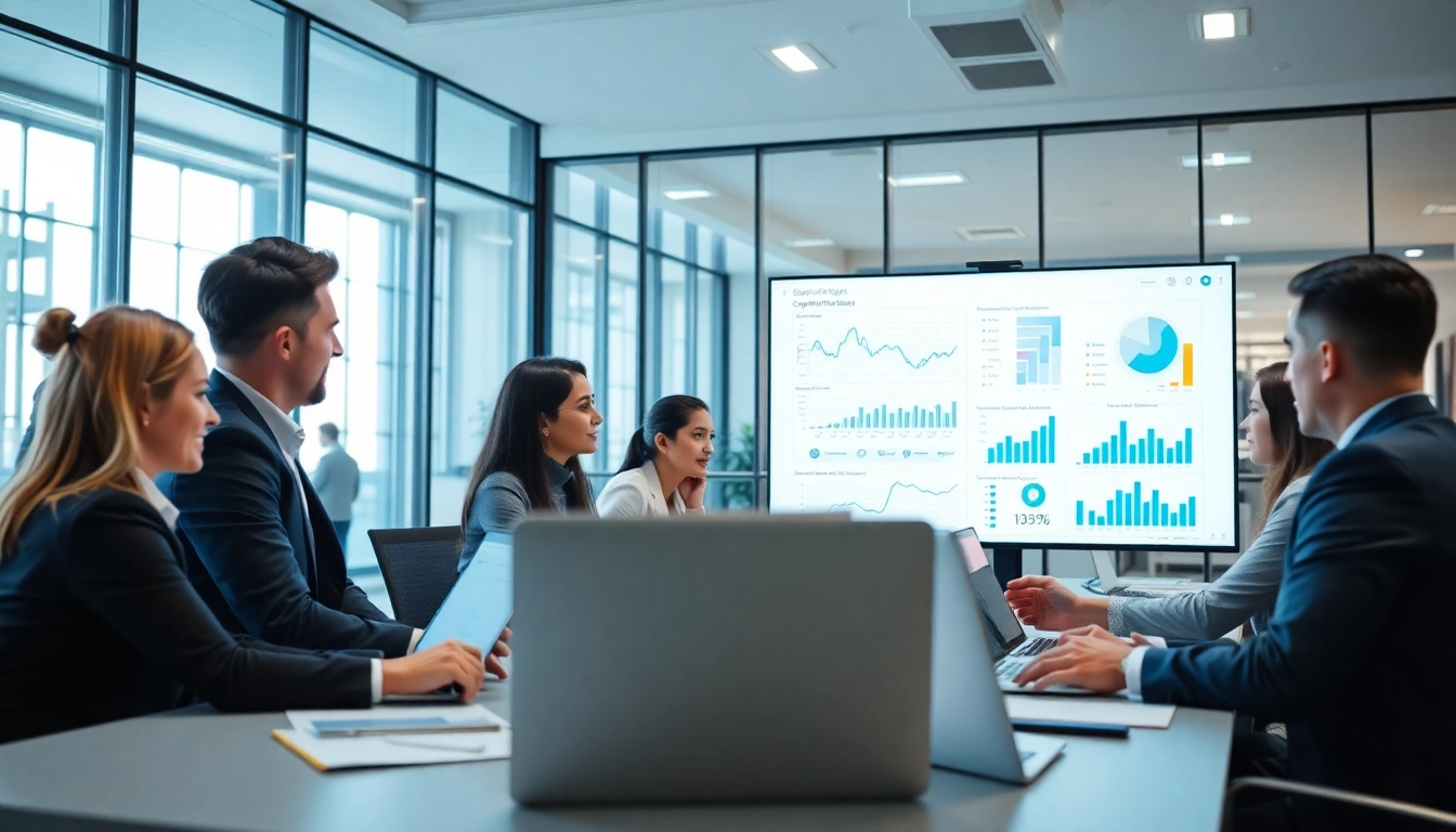 Analyze competitive intelligence data in a vibrant business meeting setting with a diverse team.