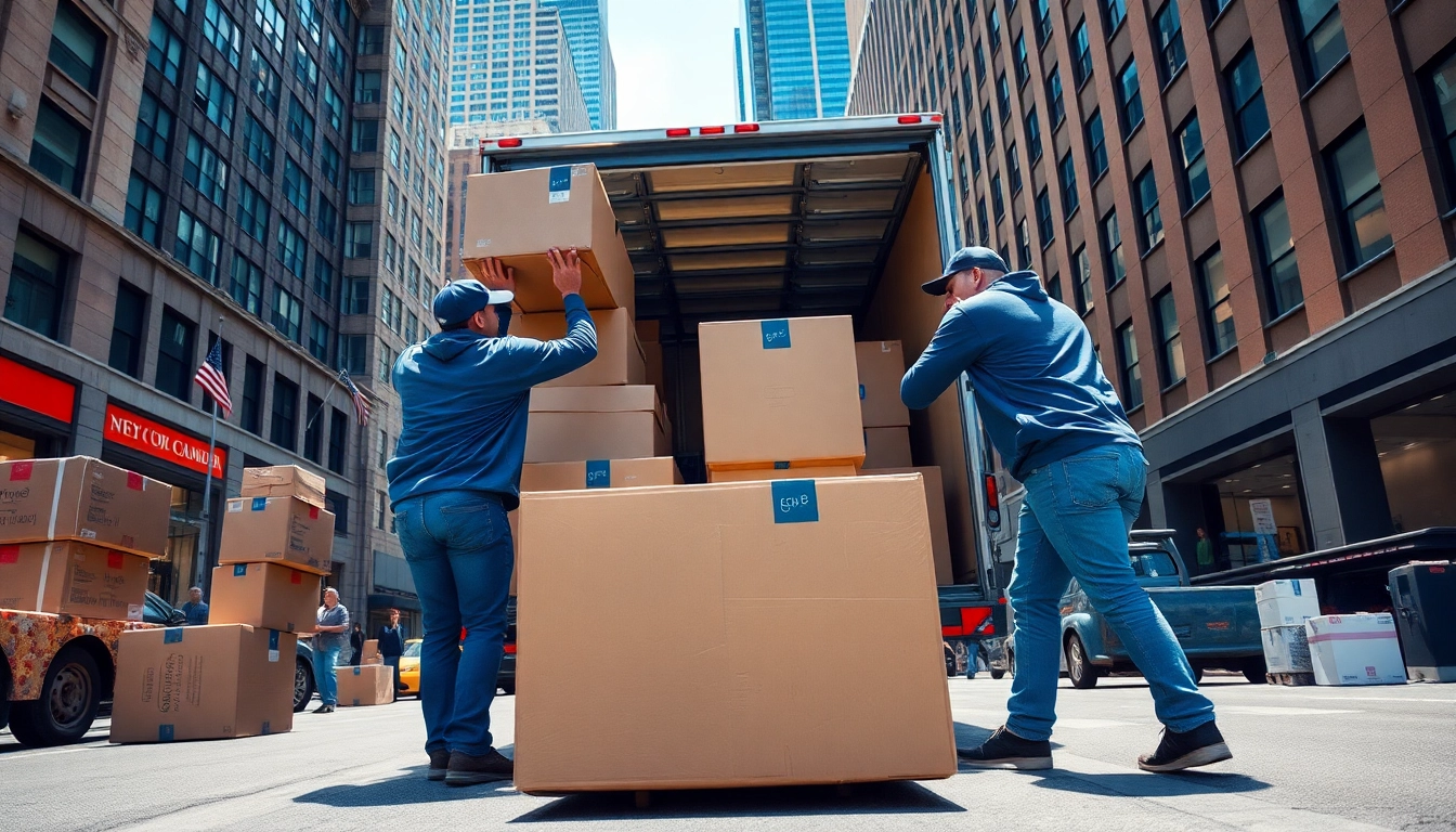 NYC movers efficiently transporting boxes in bustling New York City setting.