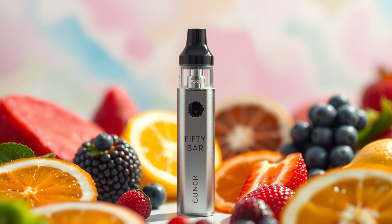 Showcasing FIFTY BAR 20K disposable vape surrounded by vibrant fruit elements highlighting flavors.
