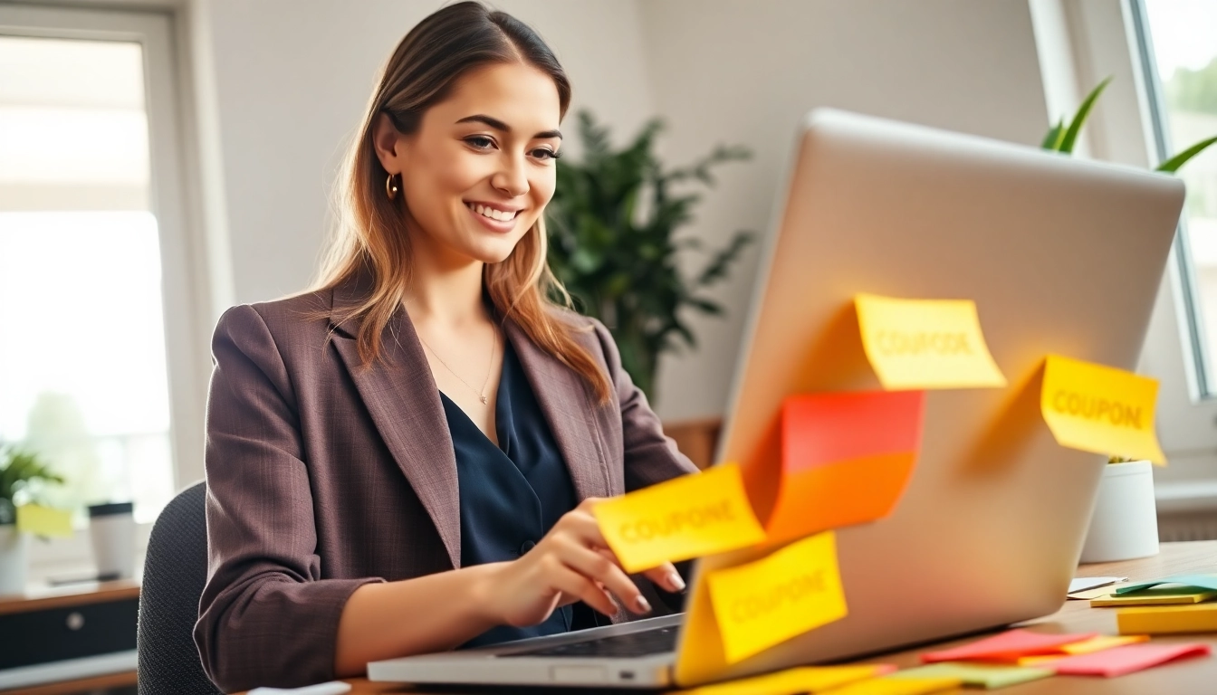 Find coupon code activities of a woman shopping online in a vibrant workspace.