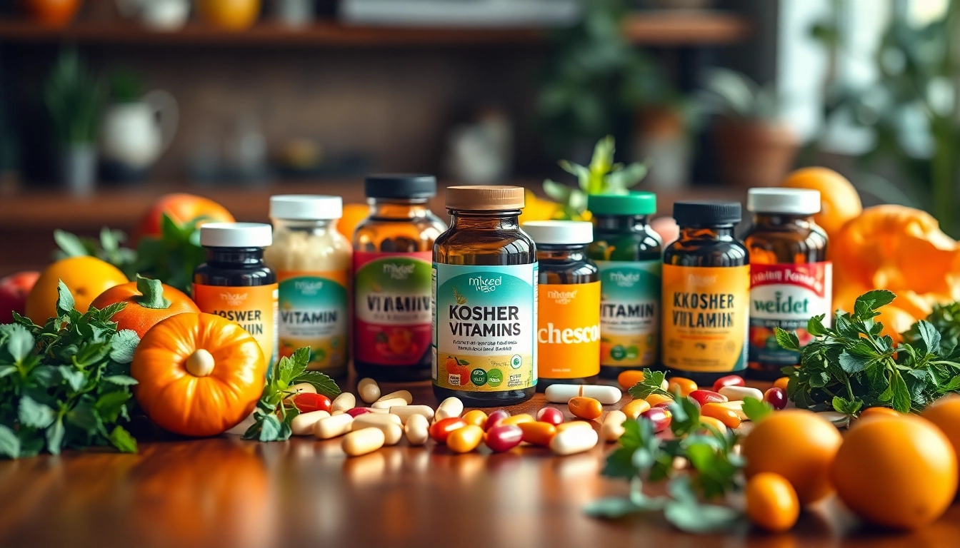 Shop high-quality kosher vitamins online surrounded by fresh produce on a wooden table.
