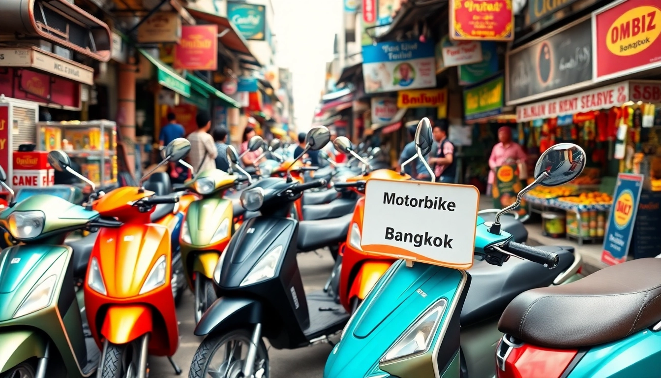 Renting a vibrant motorbike rental bangkok with colorful scooters lined up on a bustling street.