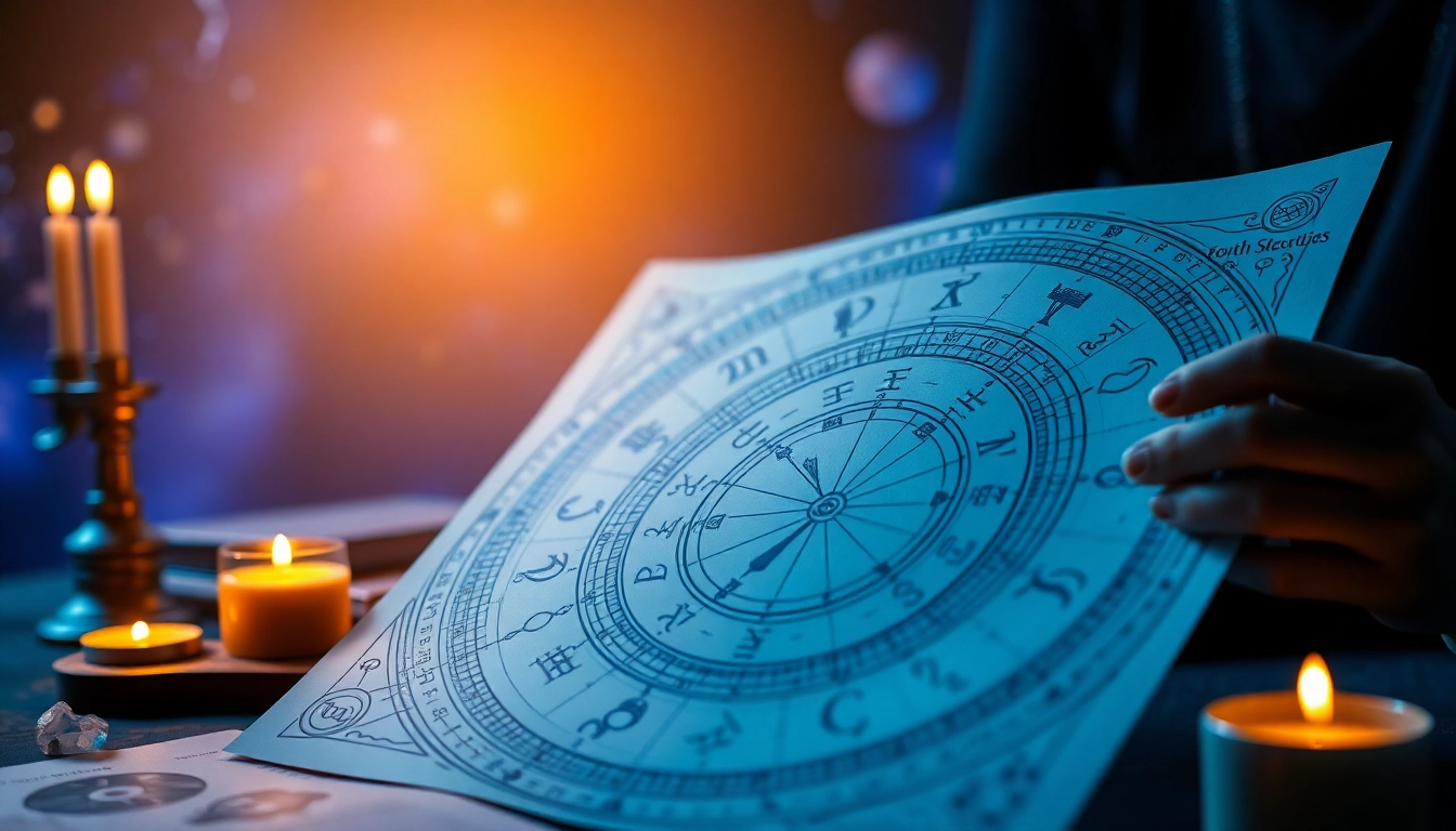 Analysiere persönliche Horoskope mit einem astrologischen Diagramm und mystischer Atmosphäre.