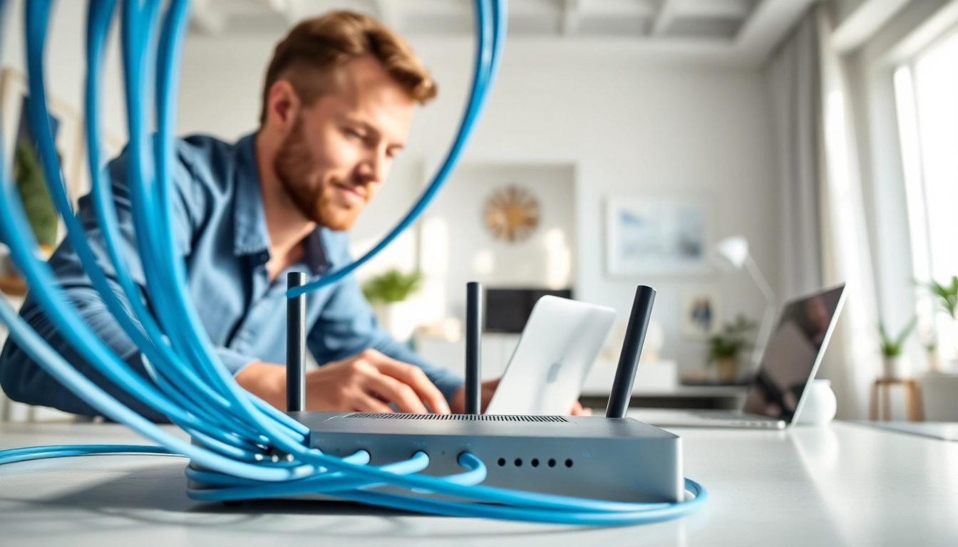Installing Sonic Fiber Internet service in a modern home office with a technician connecting cables.