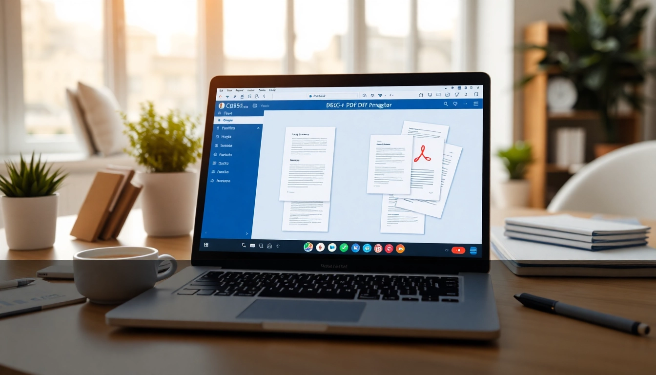 Merge pdf files using an intuitive interface on a laptop in a bright office environment.