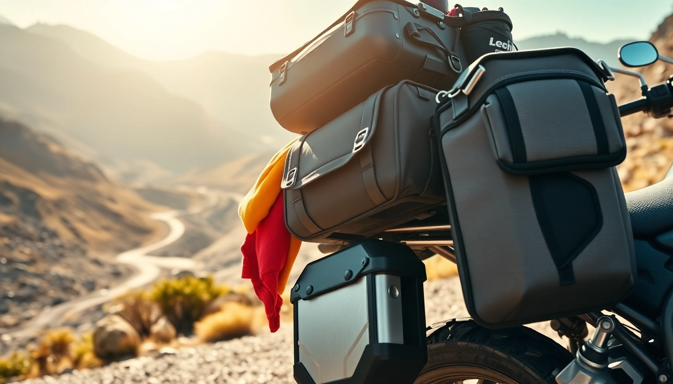 Showcasing a motorcycle luggage system attached to a motorbike in a scenic mountain landscape.
