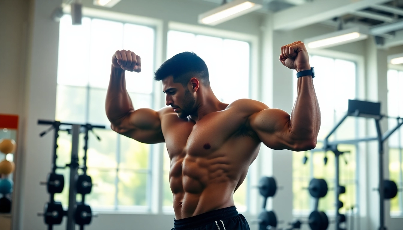 Find hgh for sale featuring a professional athlete showcasing muscular development in a modern gym setting.