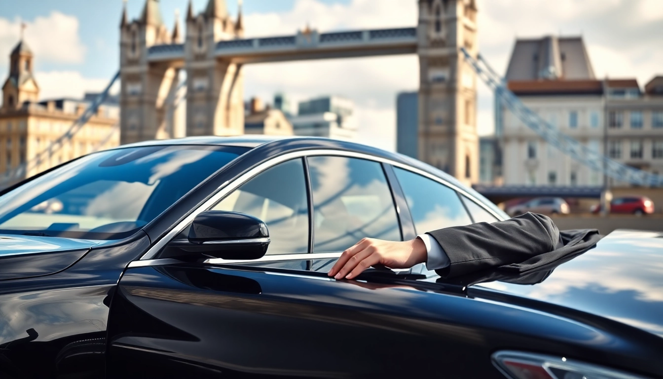 Experience a london chauffeur in a luxury vehicle against London's iconic skyline.