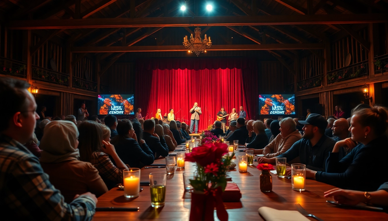 Families enjoying a show at the firelight barn dinner theater while savoring delicious BBQ.