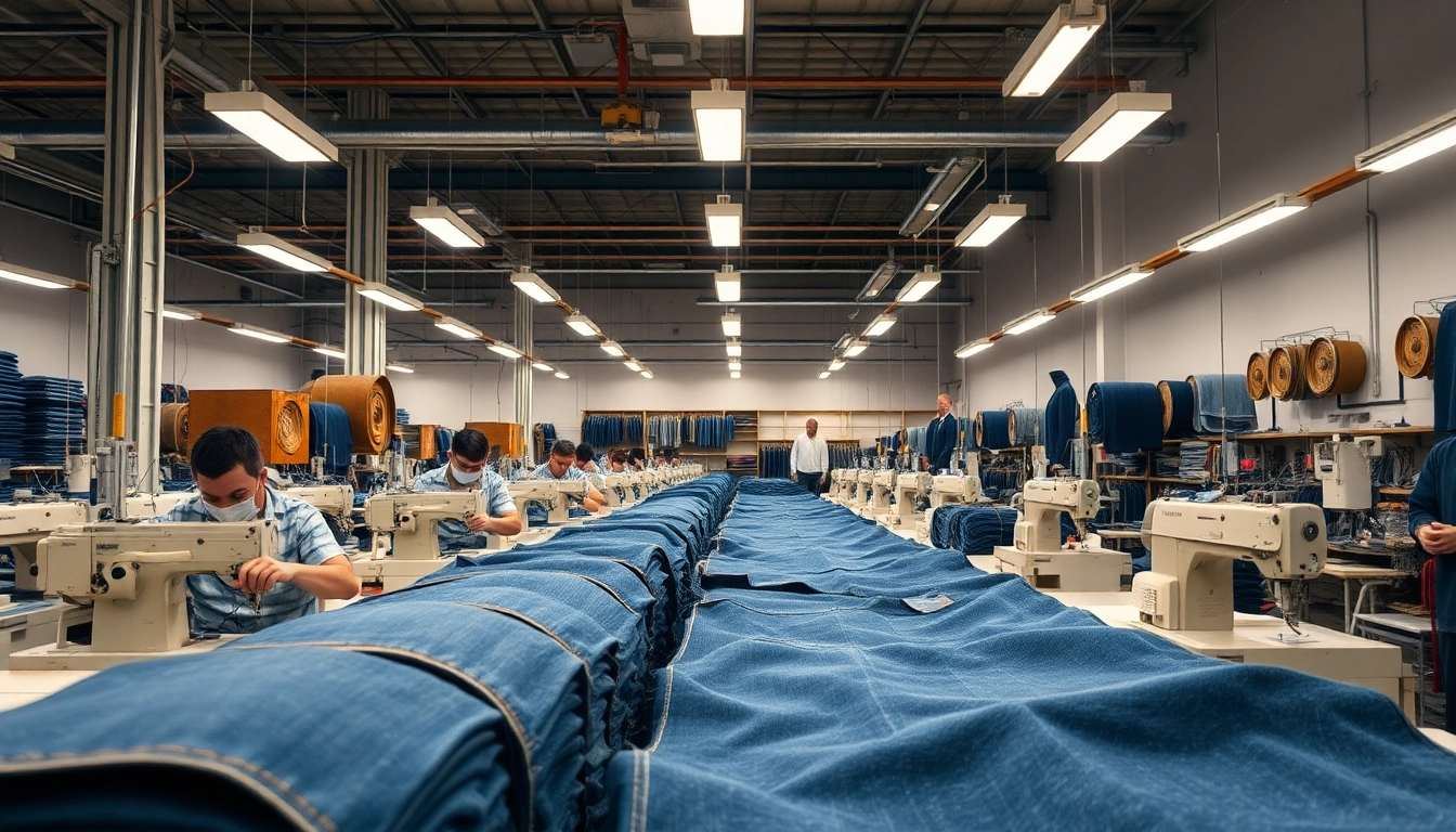 Showcase of jeans garment manufacturers in a vibrant factory focused on quality denim production.