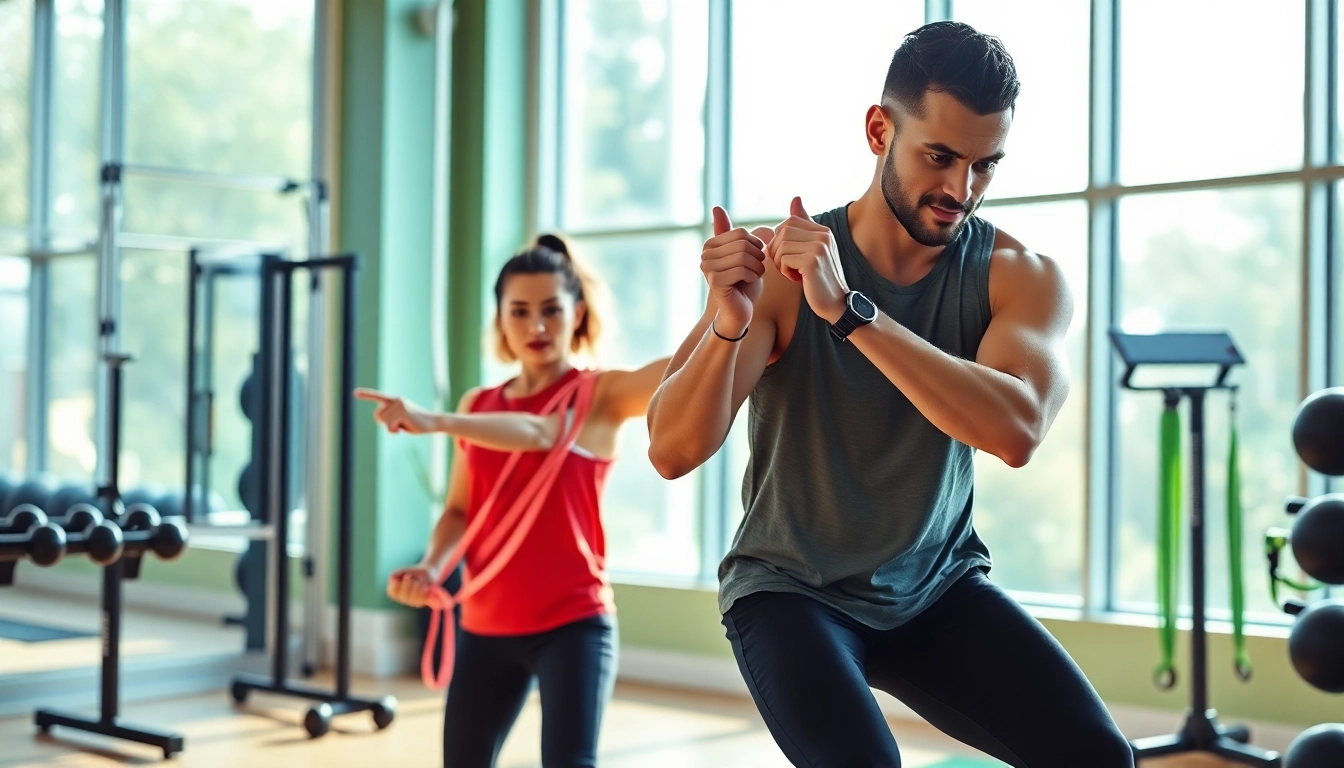 Find a personal trainer showcasing an energetic workout session in a modern gym environment.