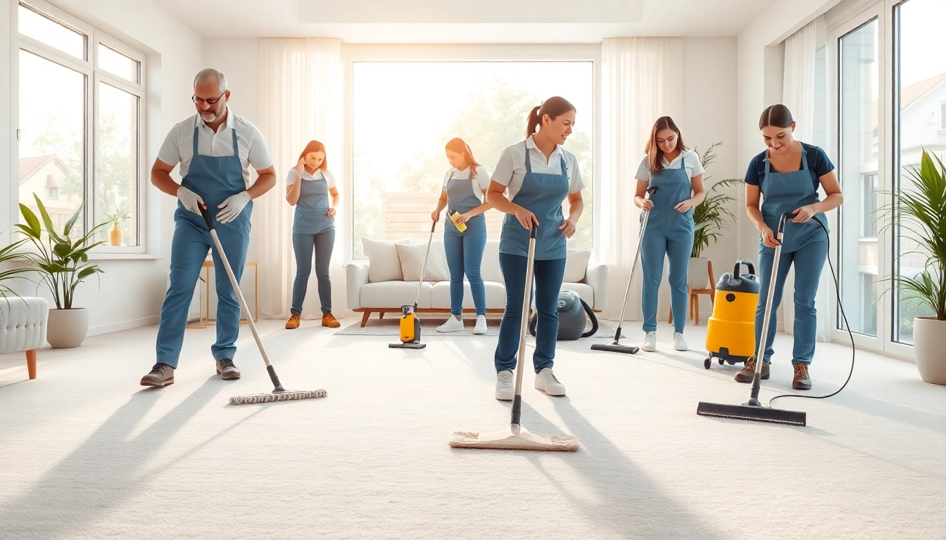 Bond cleaning professionals meticulously cleaning a bright living room, showcasing eco-friendly products and a pristine environment.