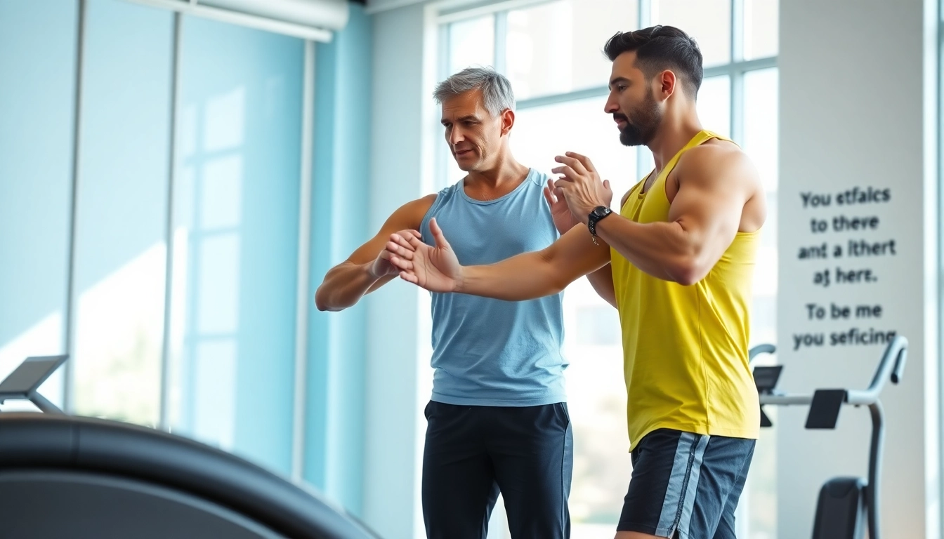 Find a personal trainer demonstrating exercises with a client in a bright gym