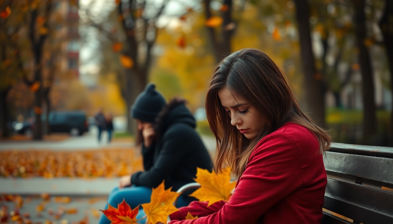 Capture the emotions of a relationship breakup with a sad woman in a park showing deep contemplation.