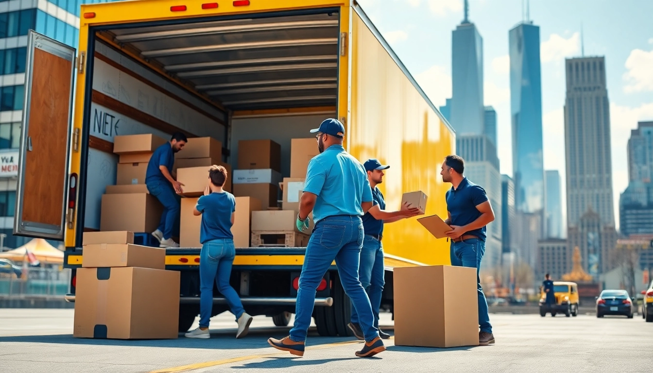 Efficient NYC movers expertly loading a truck with packed items amidst a vibrant urban backdrop.